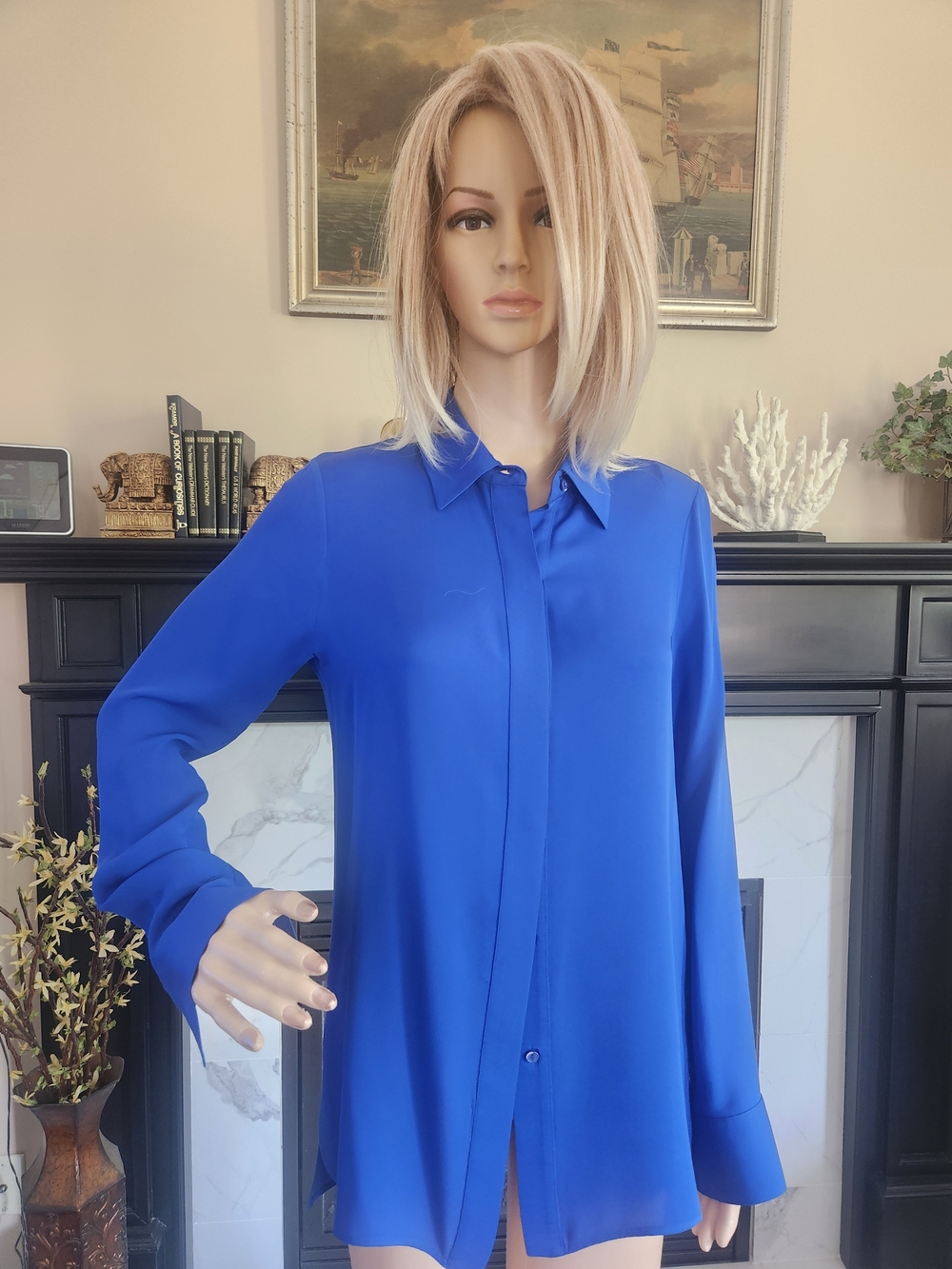 Vince Royal Blue Button-Front Silk Blouse